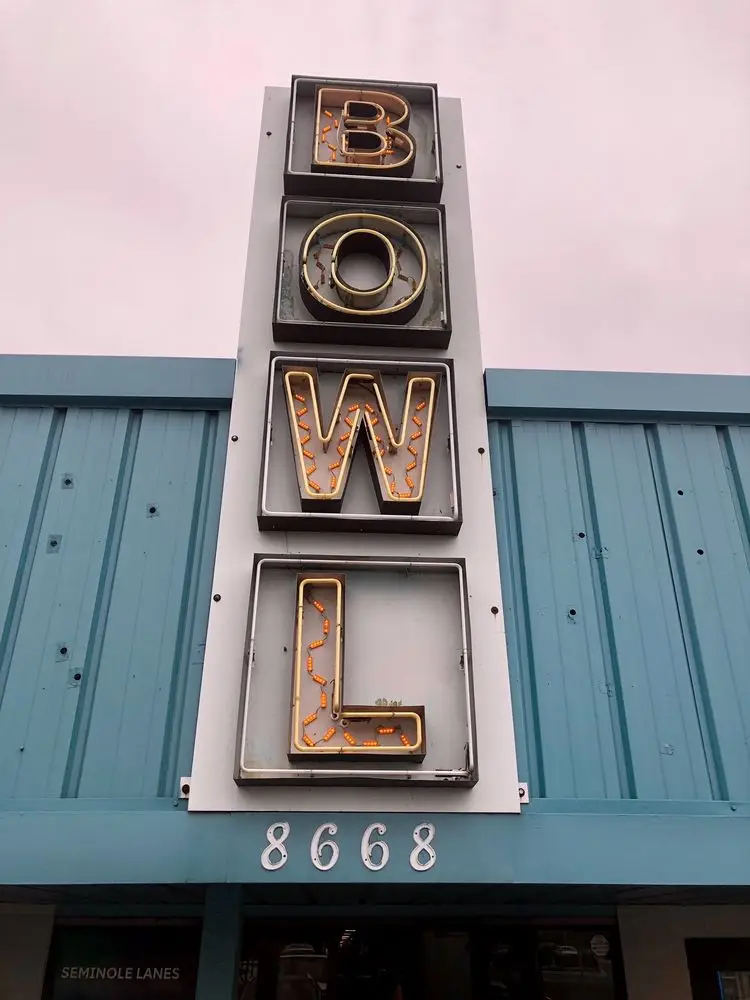 Vintage "Bowl" sign above Seminole Lanes, professional cleaning services for Seminole, FL homes.
