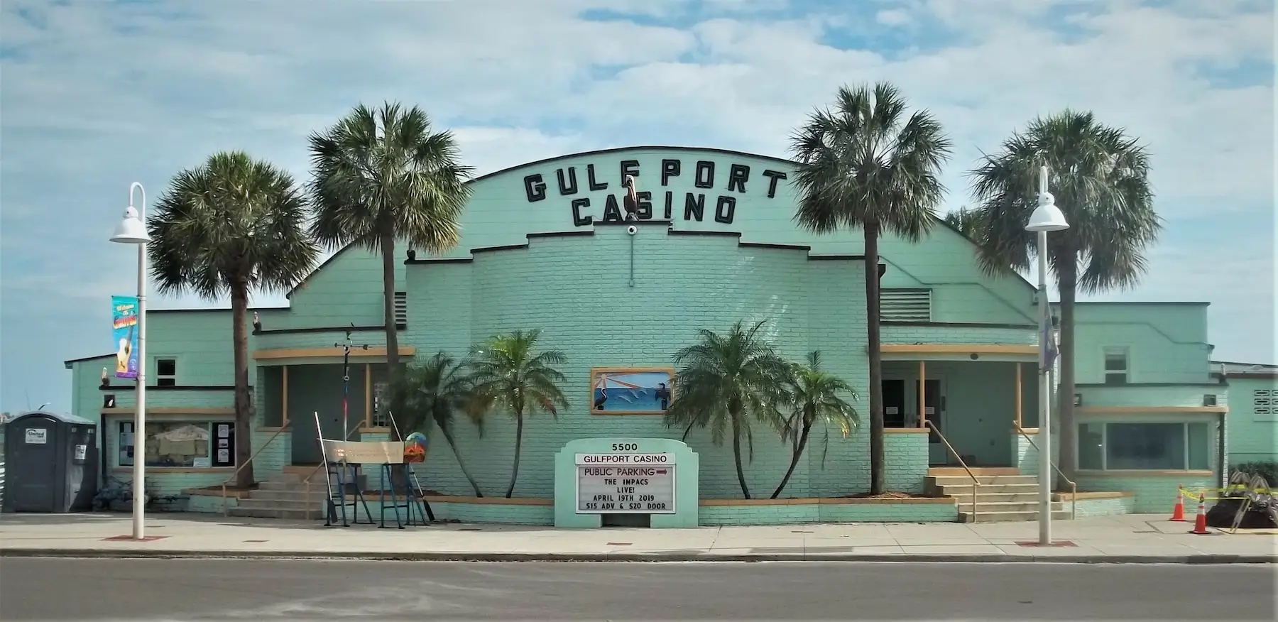 Gulfport Casino building and palm trees in South Pinellas County, Florida.