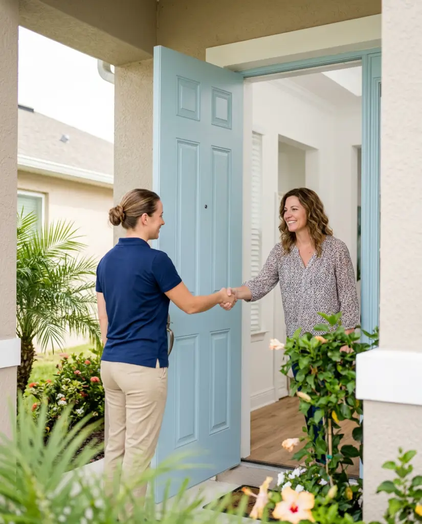 House cleaner greeting client in St Petersburg, FL
