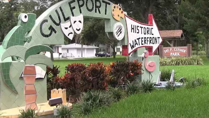 Gulfport, Florida welcome sign and historic waterfront park scene