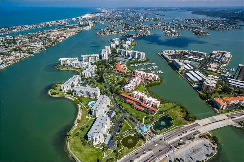 Aerial view of South Pasadena waterfront homes and condos, Tampa Bay area cleaning services.