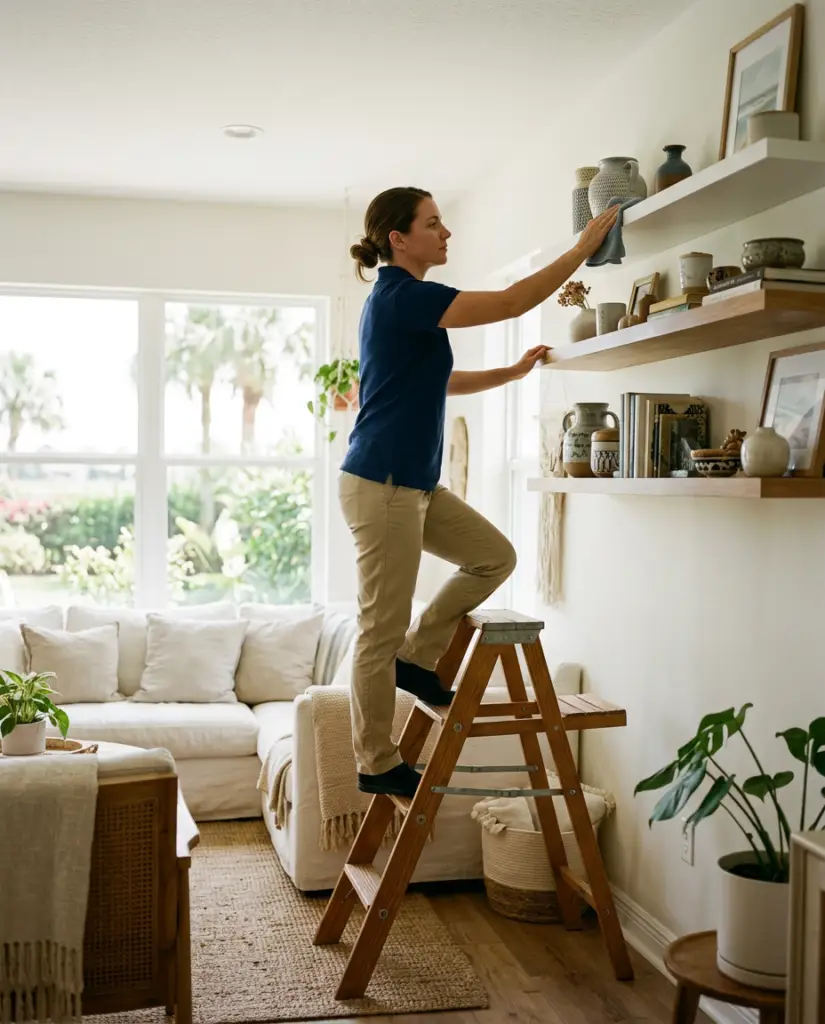 Cleaning professional on step ladder