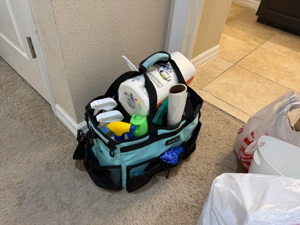 Cleaning supplies in tool bag
